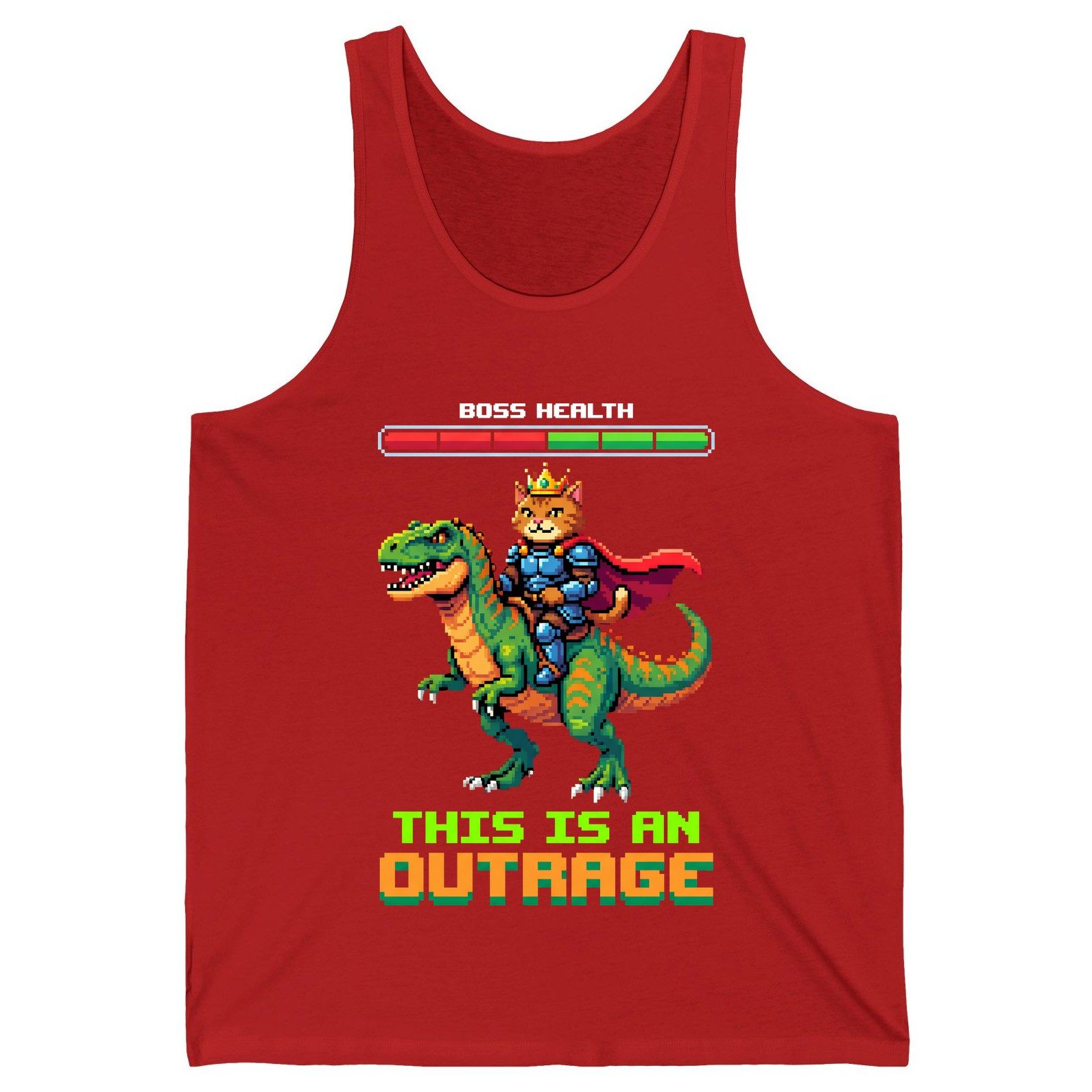 THIS IS AN OUTRAGE Cat riding a dinosaur Tank Top Red product mockup