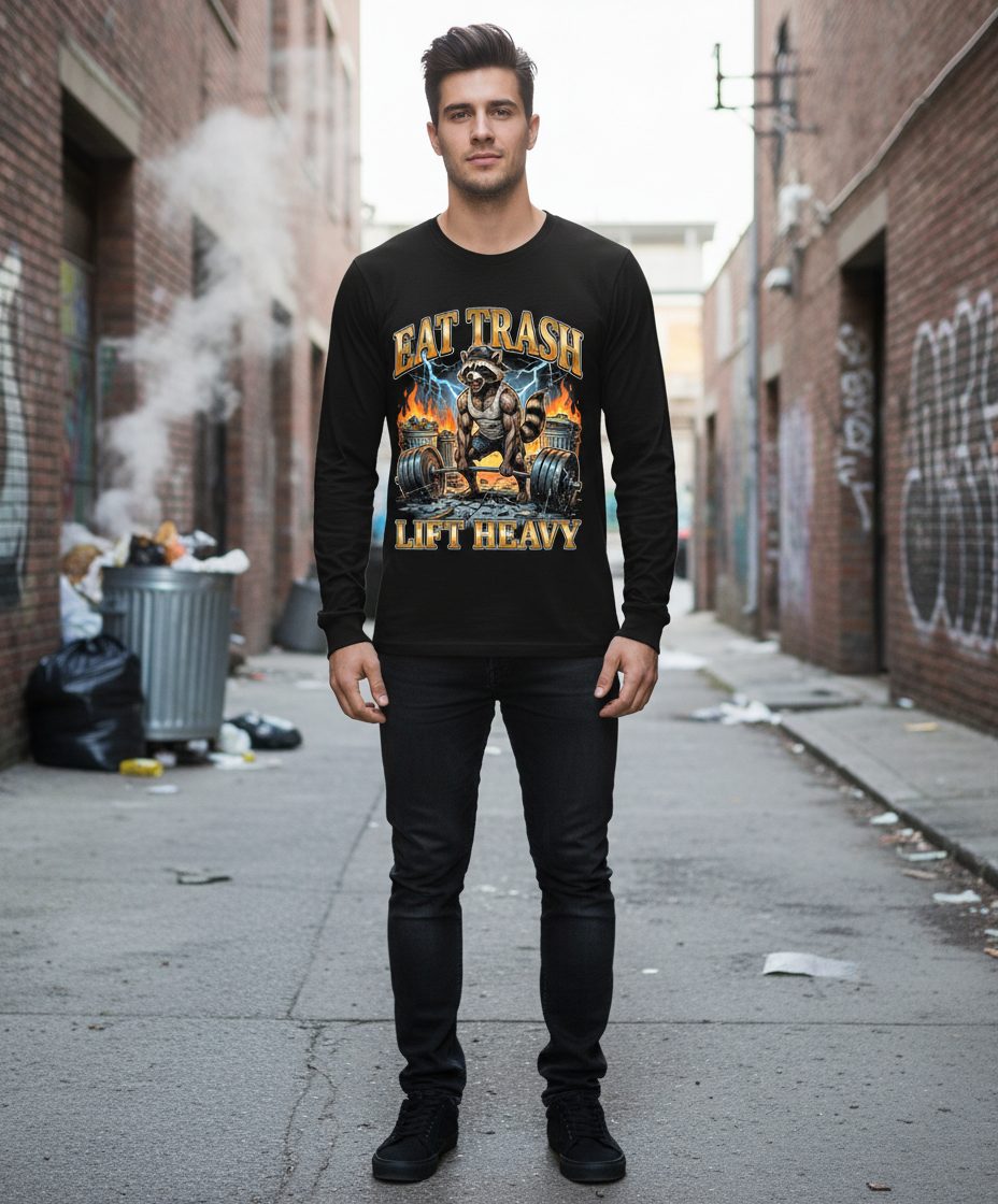 Eat Trash Lift Heavy raccoon Long Sleeve Tee Black lifestyle mockup