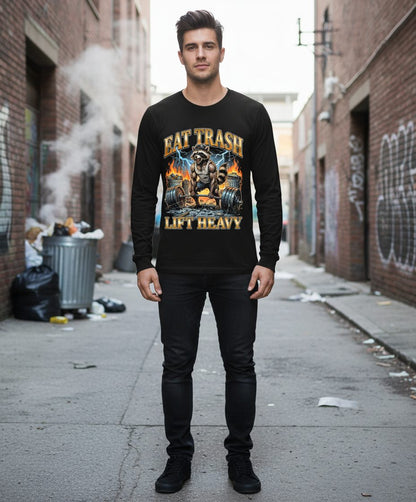 Eat Trash Lift Heavy raccoon Long Sleeve Tee Black lifestyle mockup