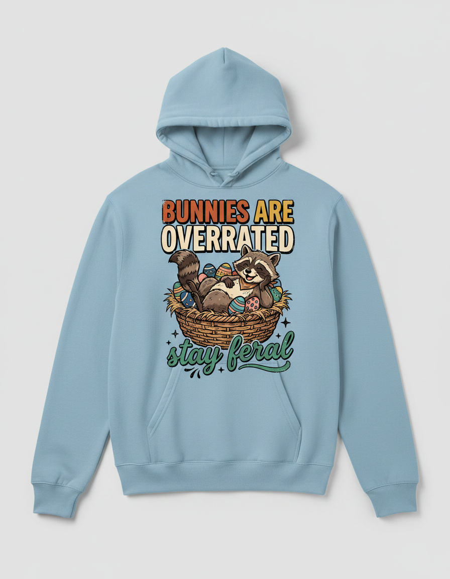 Bunnies Are Overrated Stay Feral Raccoon Easter Design Hoodie - Light Blue