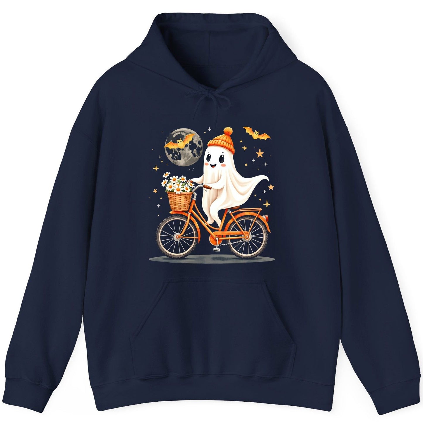 Cute Ghost on Bicycle cute ghost Hoodie Navy product mockup
