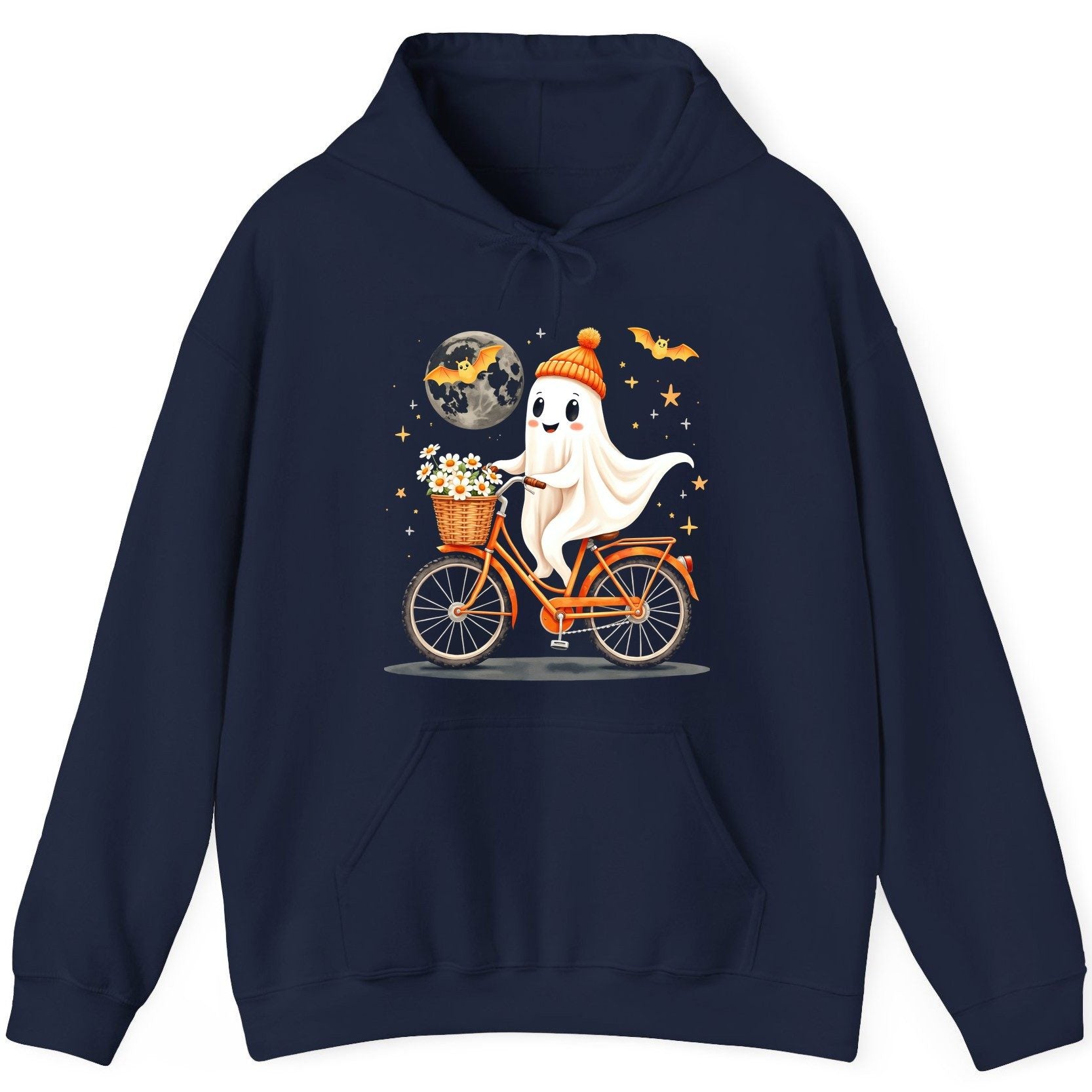 Cute Ghost on Bicycle cute ghost Hoodie Navy product mockup