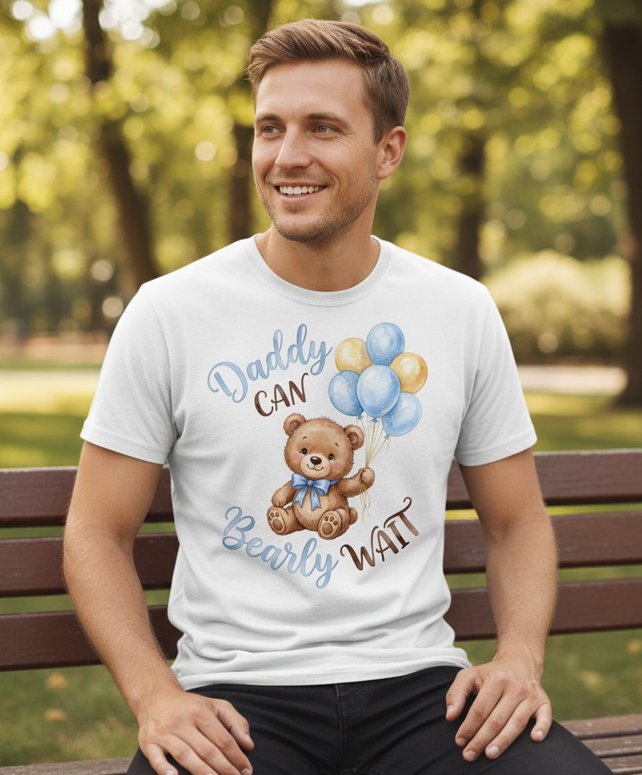 Daddy Can Bearly Wait Teddy Bear T-Shirt - lifestyle model mockup - White