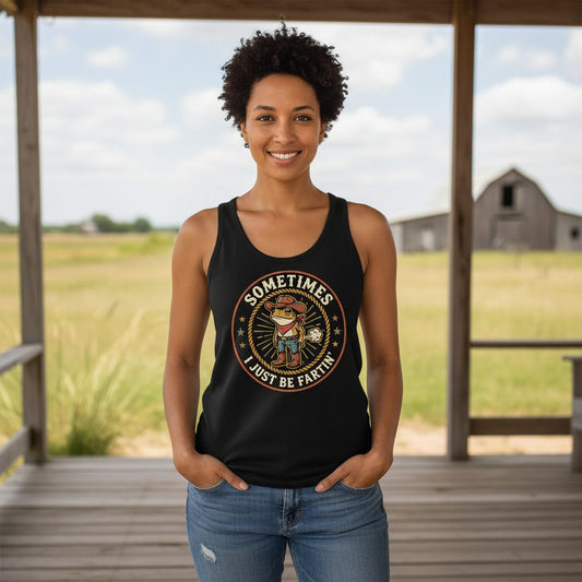 Sometimes I Just Be Fartin' cowboy frog Tank Top Black lifestyle mockup