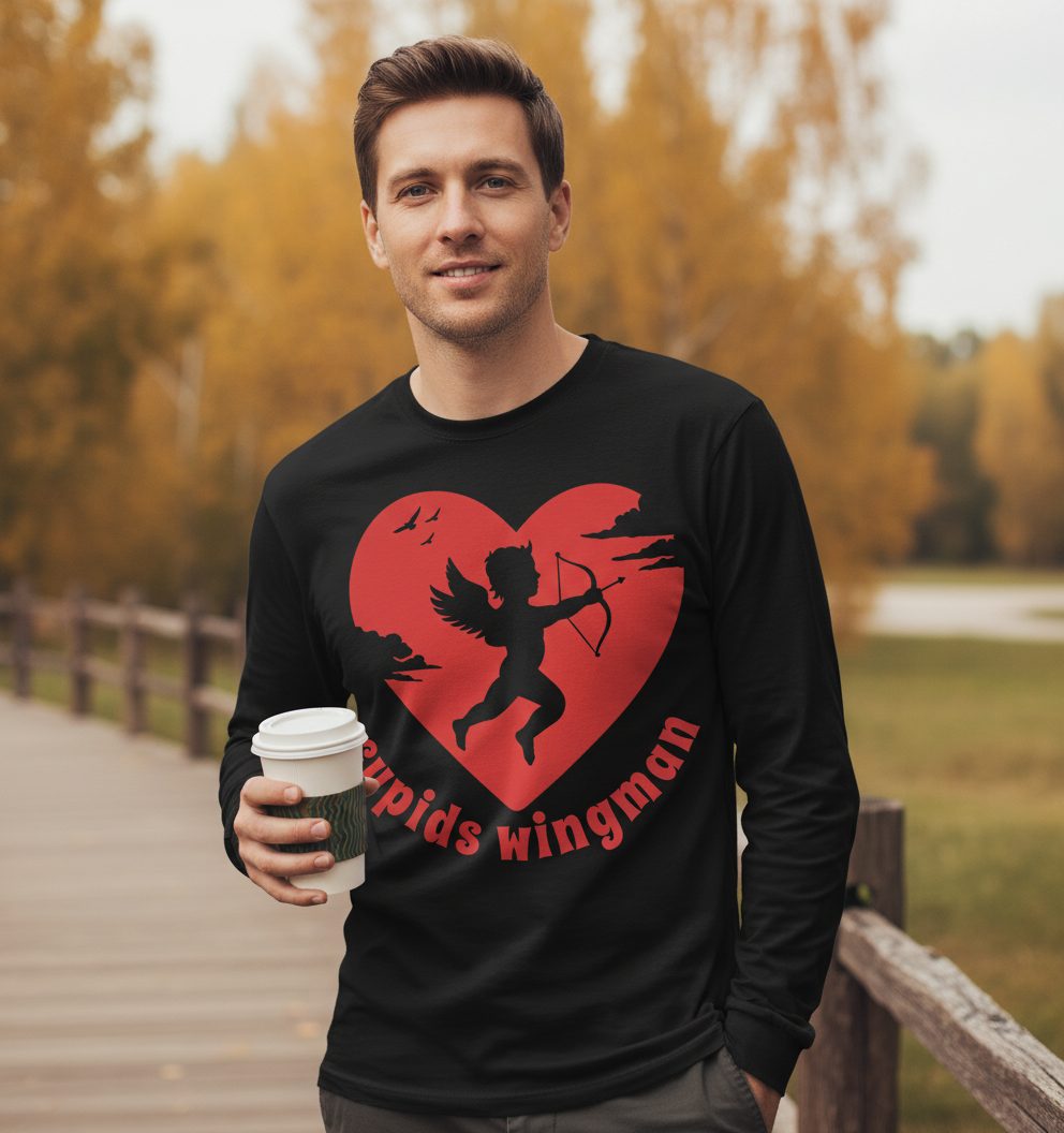 Cupids Wingman cupid Long Sleeve Tee Black lifestyle mockup