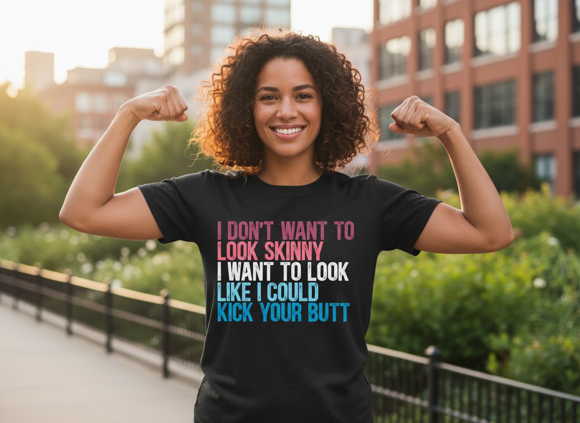 I Don't Want to Look Skinny I Want to Look Like I Could Kick Your Butt fitness and empowerment T-Shirt Black lifestyle mockup