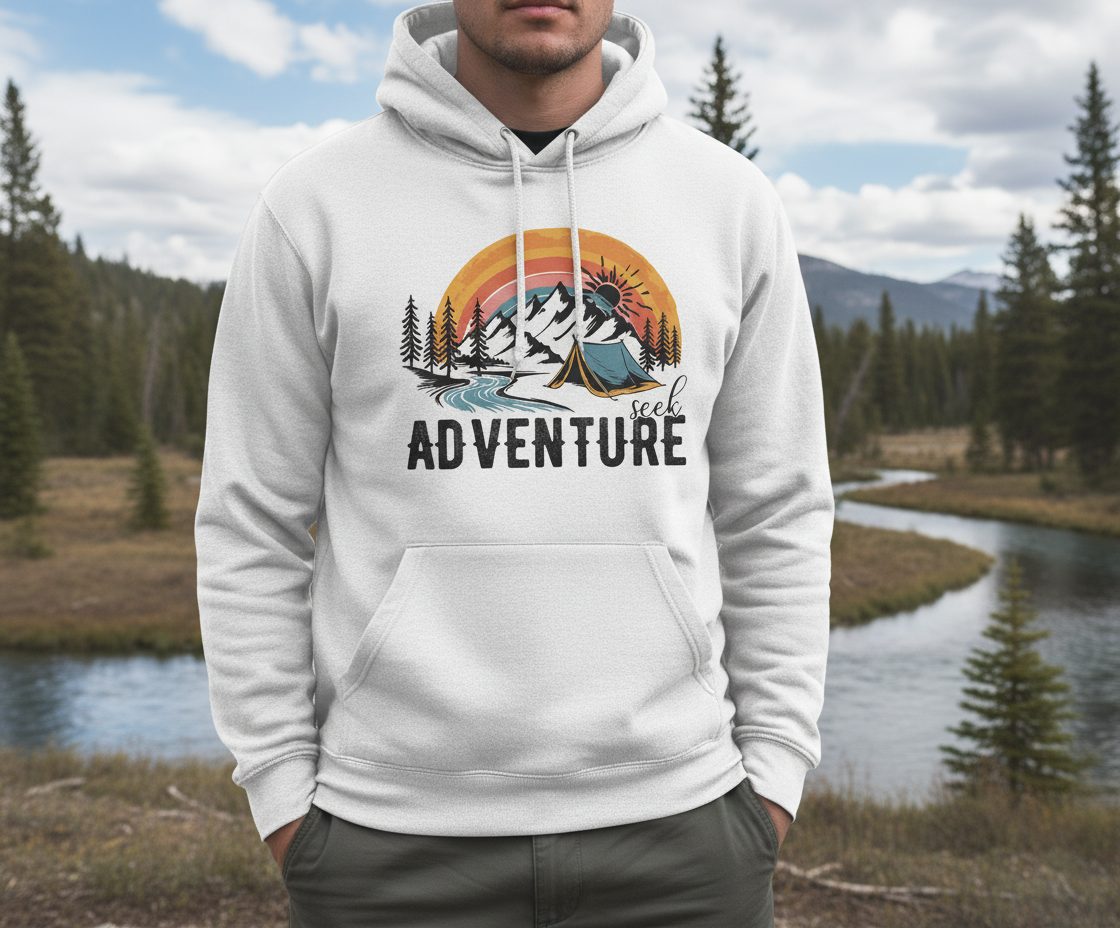 Seek Adventure camping Hoodie White lifestyle mockup
