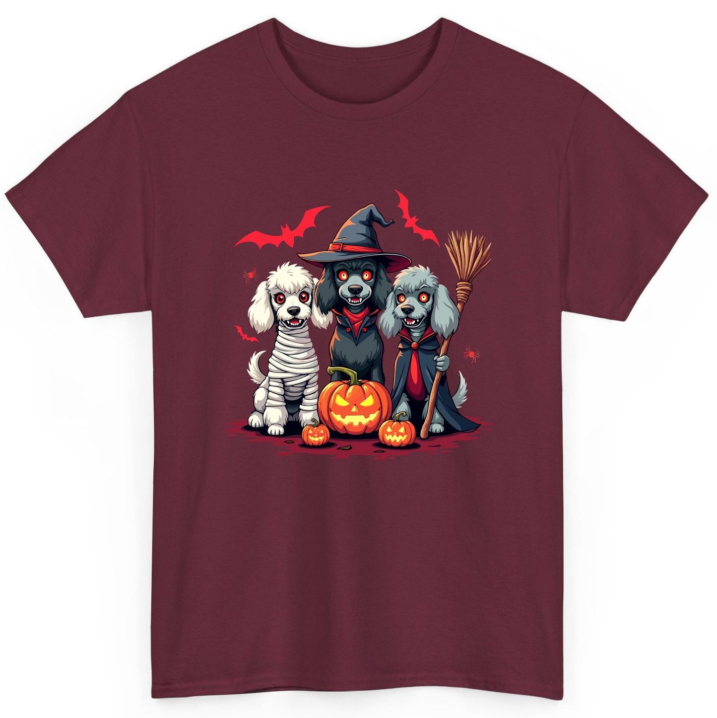 Spooky Poodle Trio Halloween dogs T-Shirt Maroon product mockup