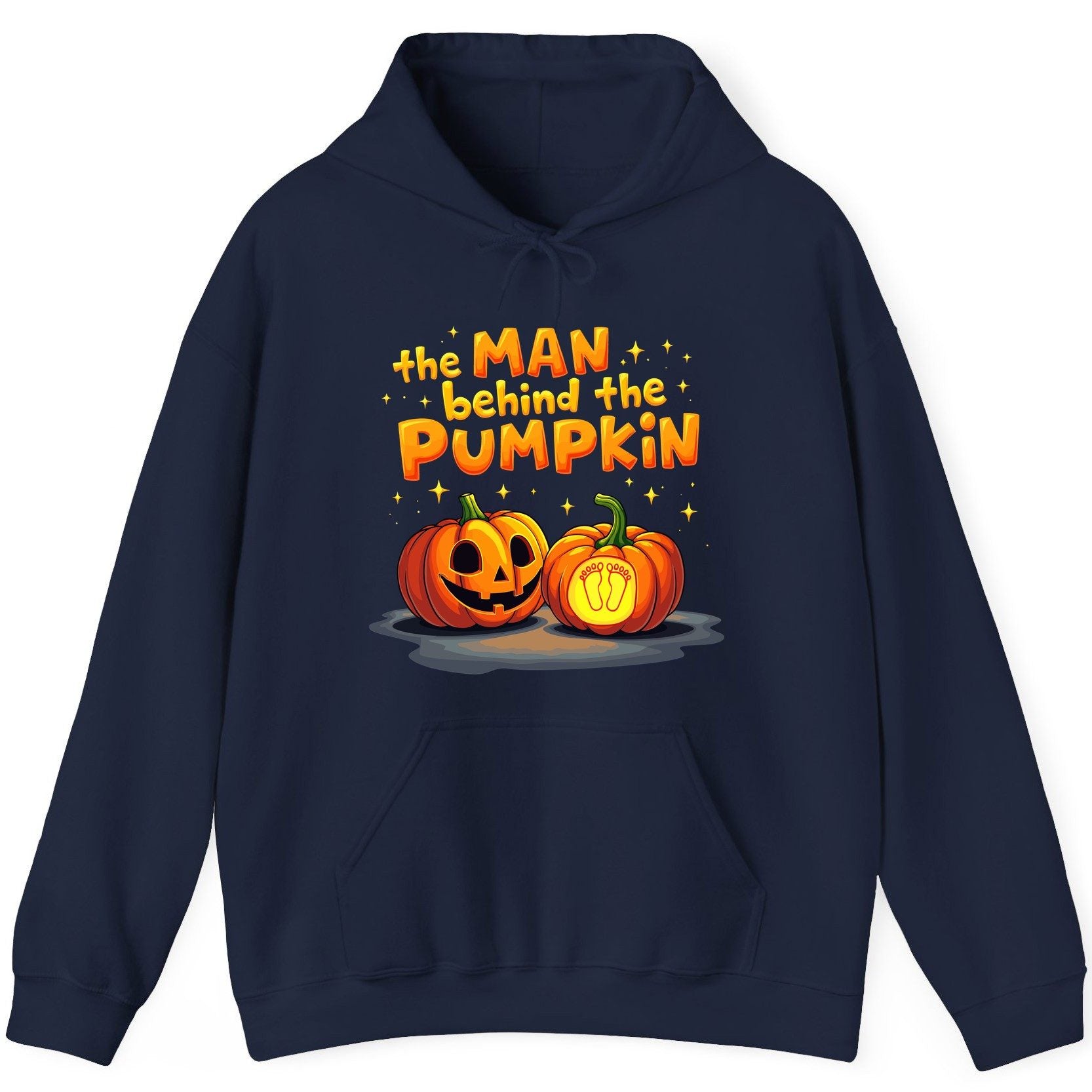 The Man Behind the Pumpkin Halloween pregnancy announcement Hoodie Navy product mockup