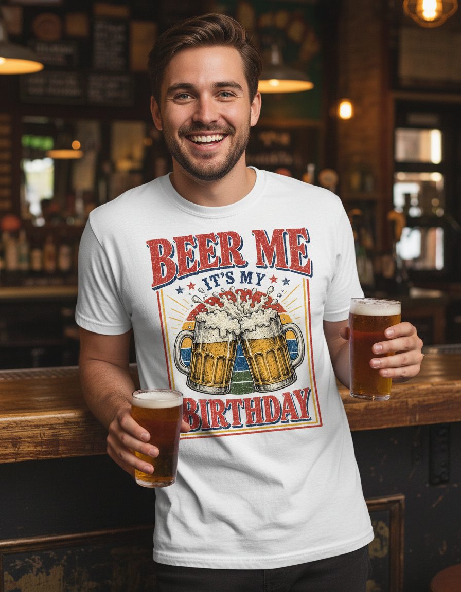 Beer Me It's My Birthday Funny Celebrants T-Shirt - lifestyle model mockup - White