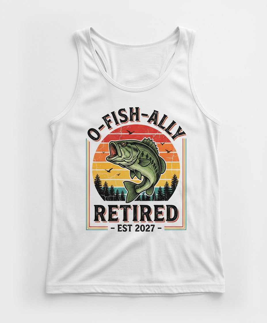O-Fish-Ally Retired EST 2027 Funny Fishing Tank Top - product mockup - White