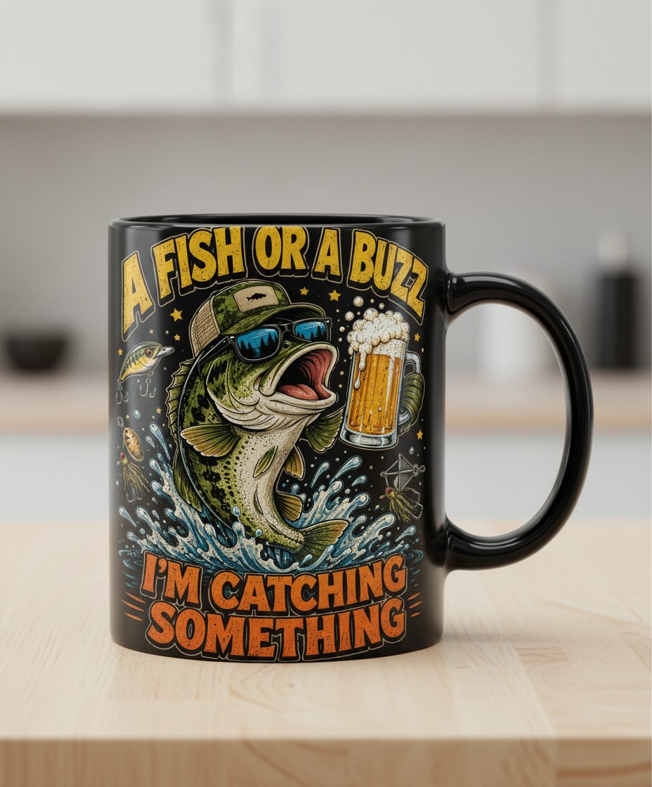 A Fish or a Buzz I'm Catching Something Funny Fishing Black Mug - product mockup - Black