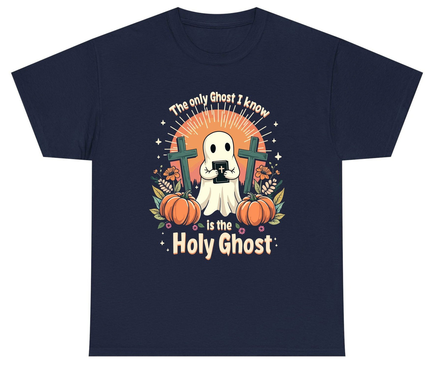 The Only Ghost I Know Is the Holy Ghost christian Halloween Youth T-Shirt Navy product mockup