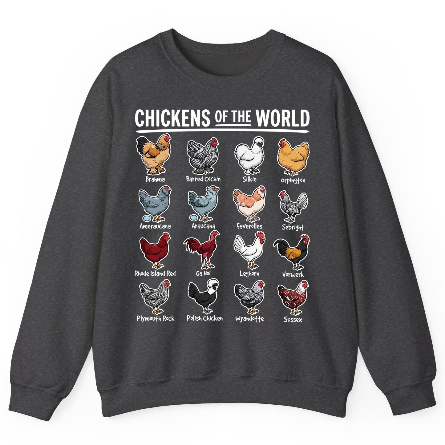 Chickens of the World chicken breeds Sweatshirt Dark Heather product mockup