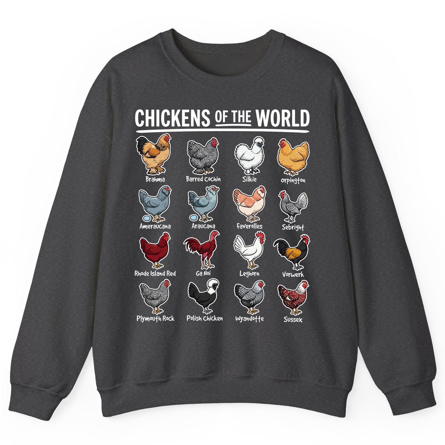 Chickens of the World chicken breeds Sweatshirt Dark Heather product mockup