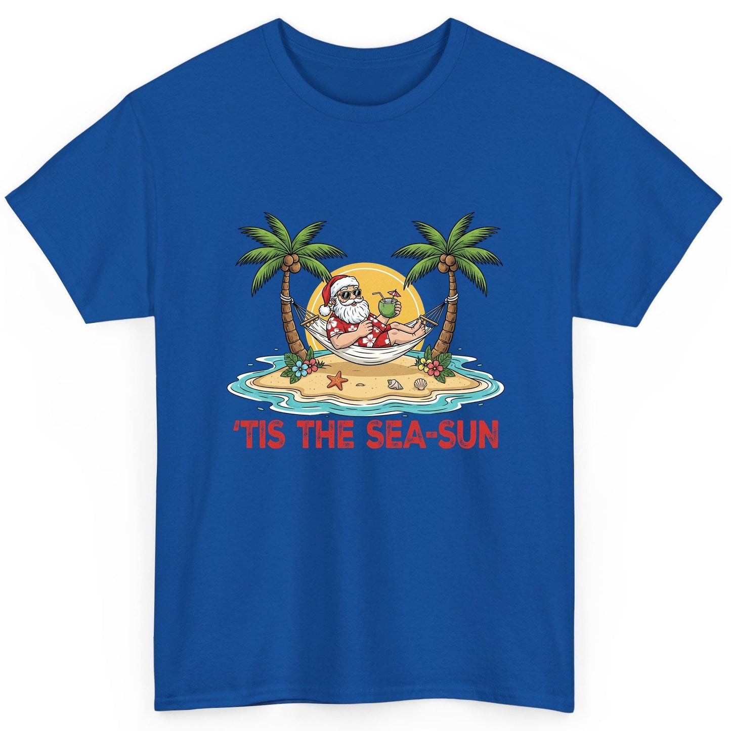 'Tis the Sea-Sun santa claus on a tropical vacation T-Shirt Royal product mockup