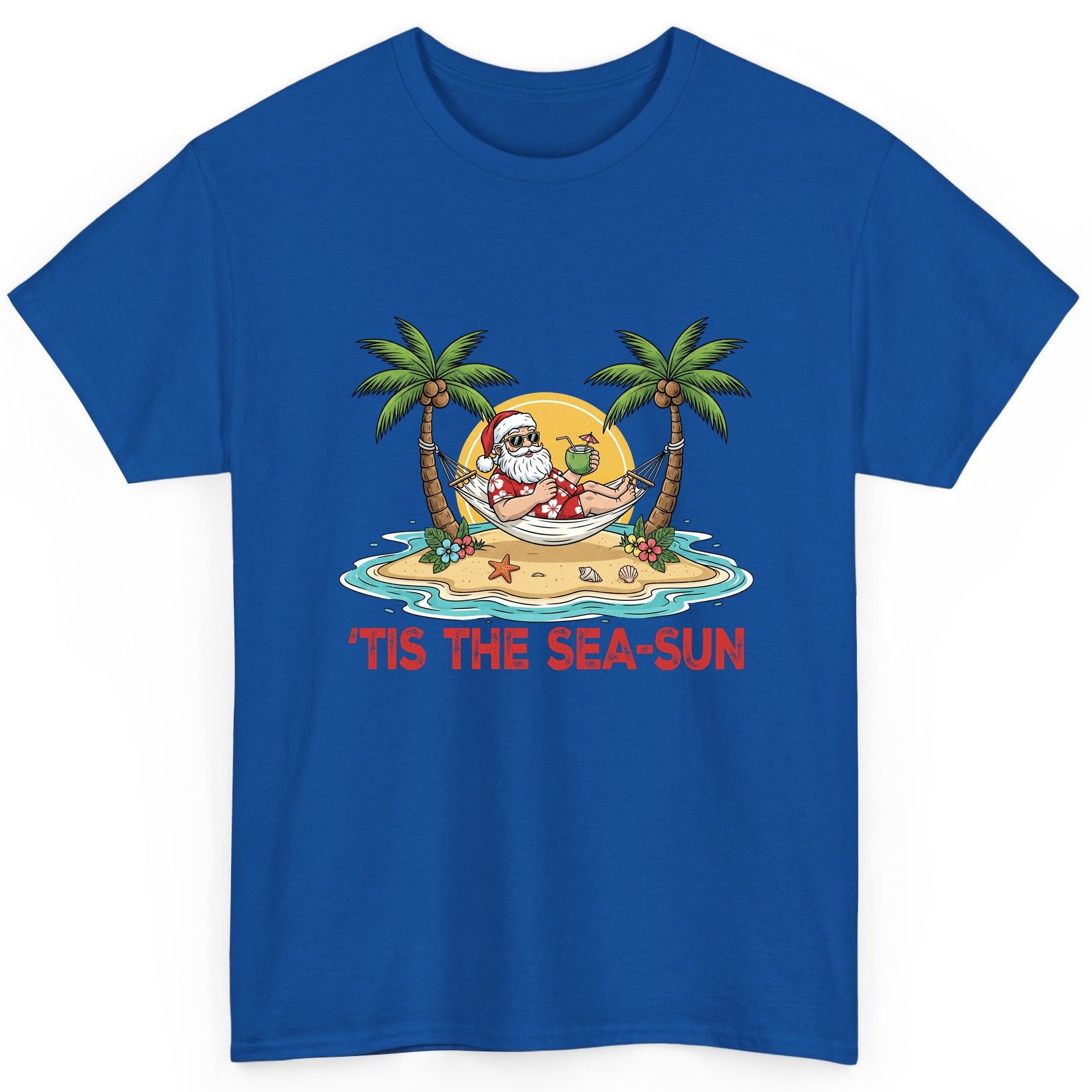 'Tis the Sea-Sun santa claus on a tropical vacation T-Shirt Royal product mockup