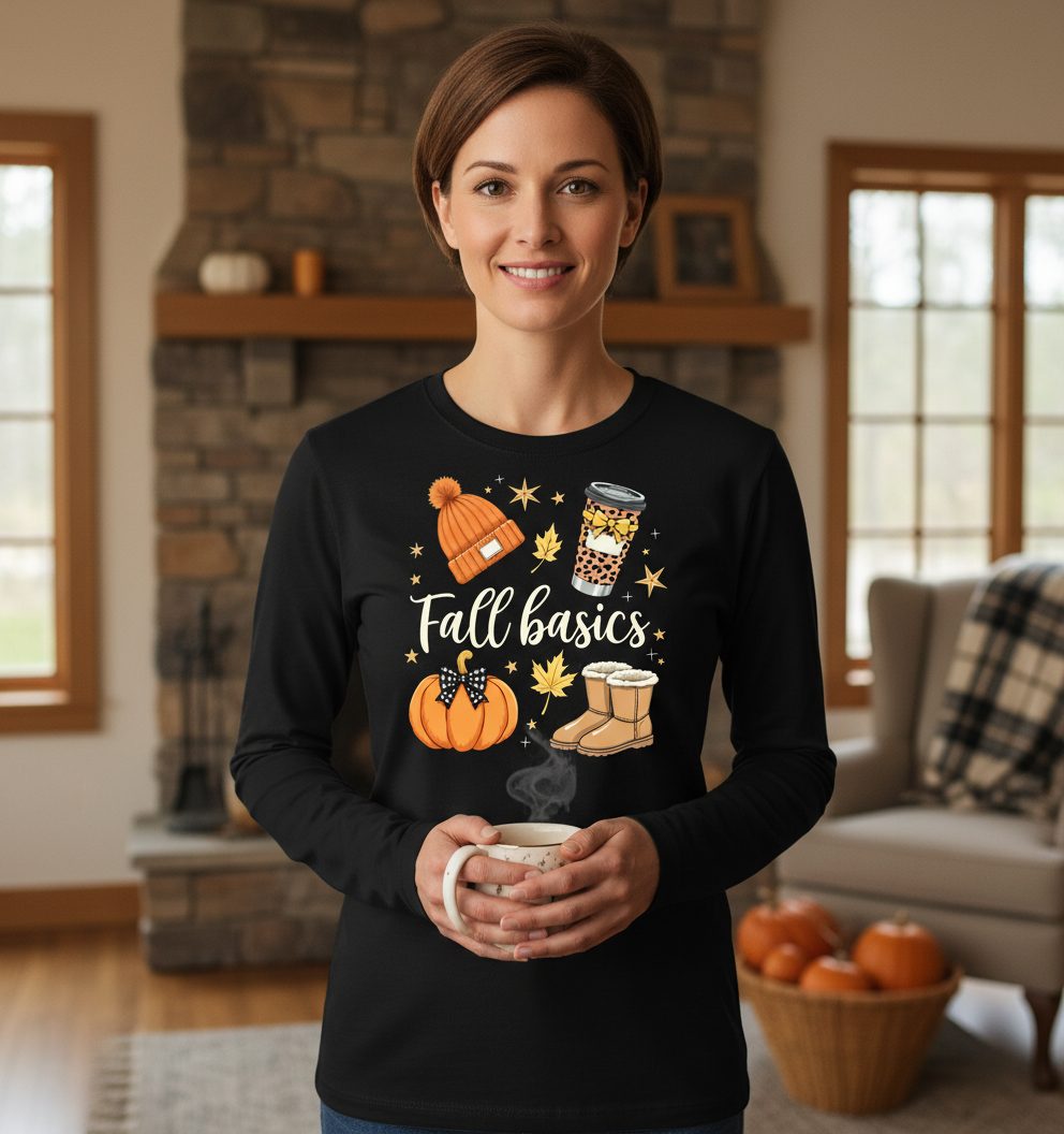 Fall Basics autumn essentials Long Sleeve Tee Black lifestyle mockup