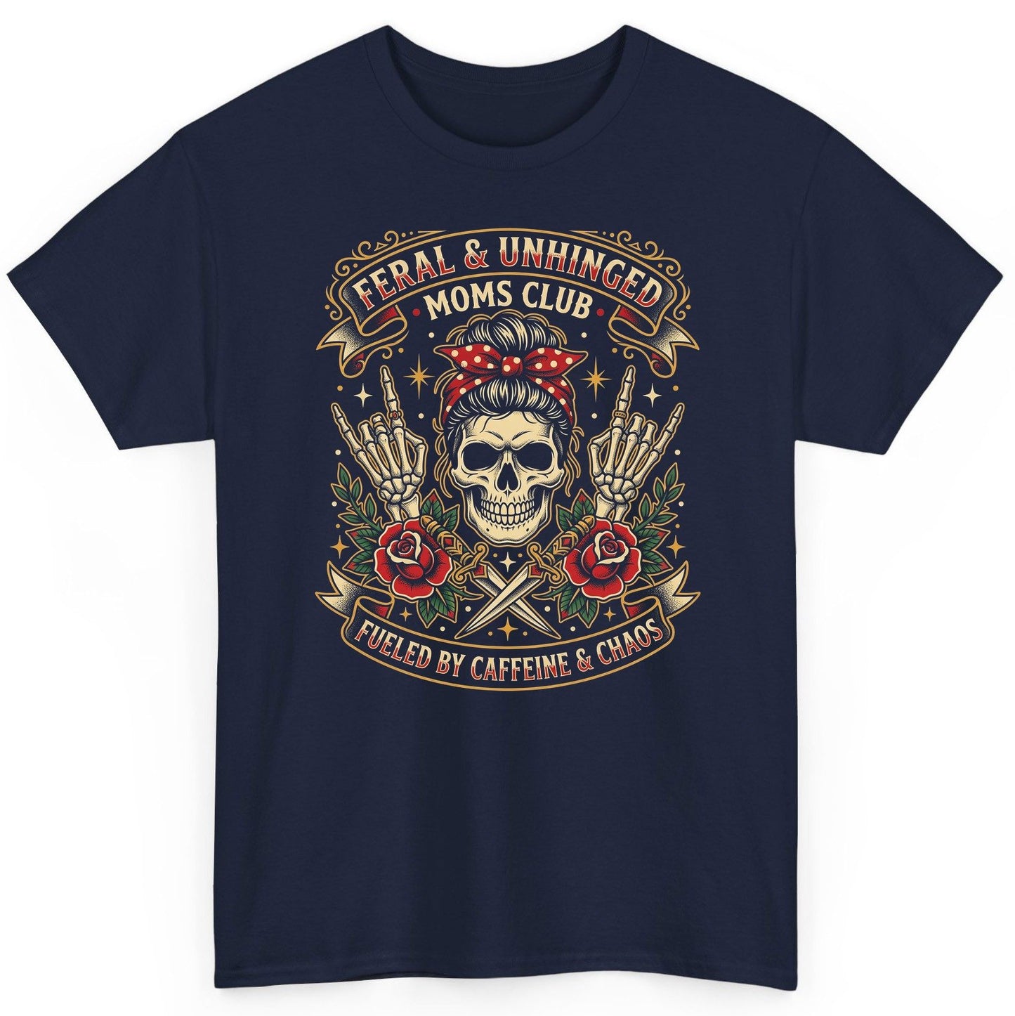 Feral & Unhinged Moms Club Fueled by Caffeine & Chaos T-Shirt - product mockup - Navy