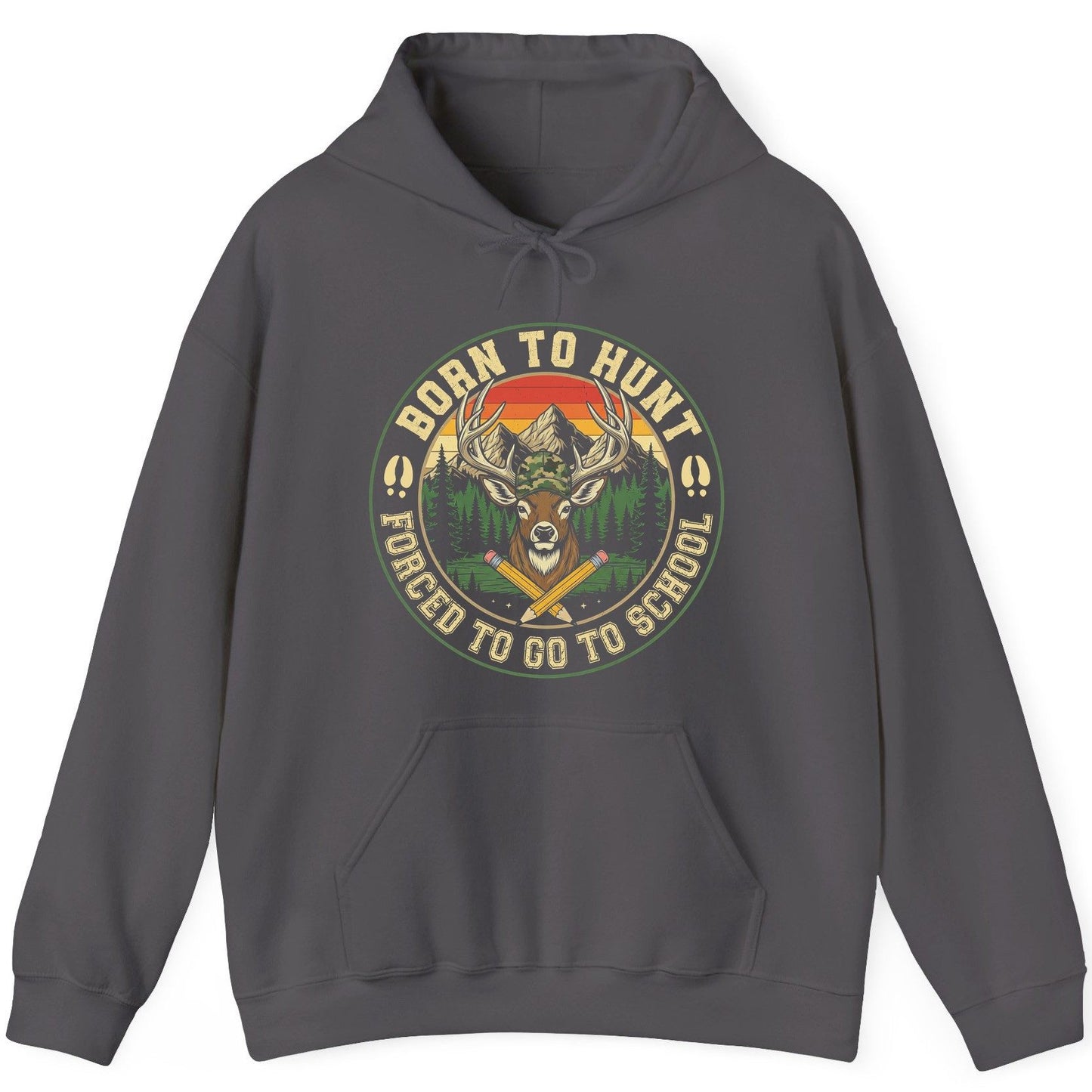 Born to Hunt Forced to Go to School hunting Hoodie Charcoal product mockup