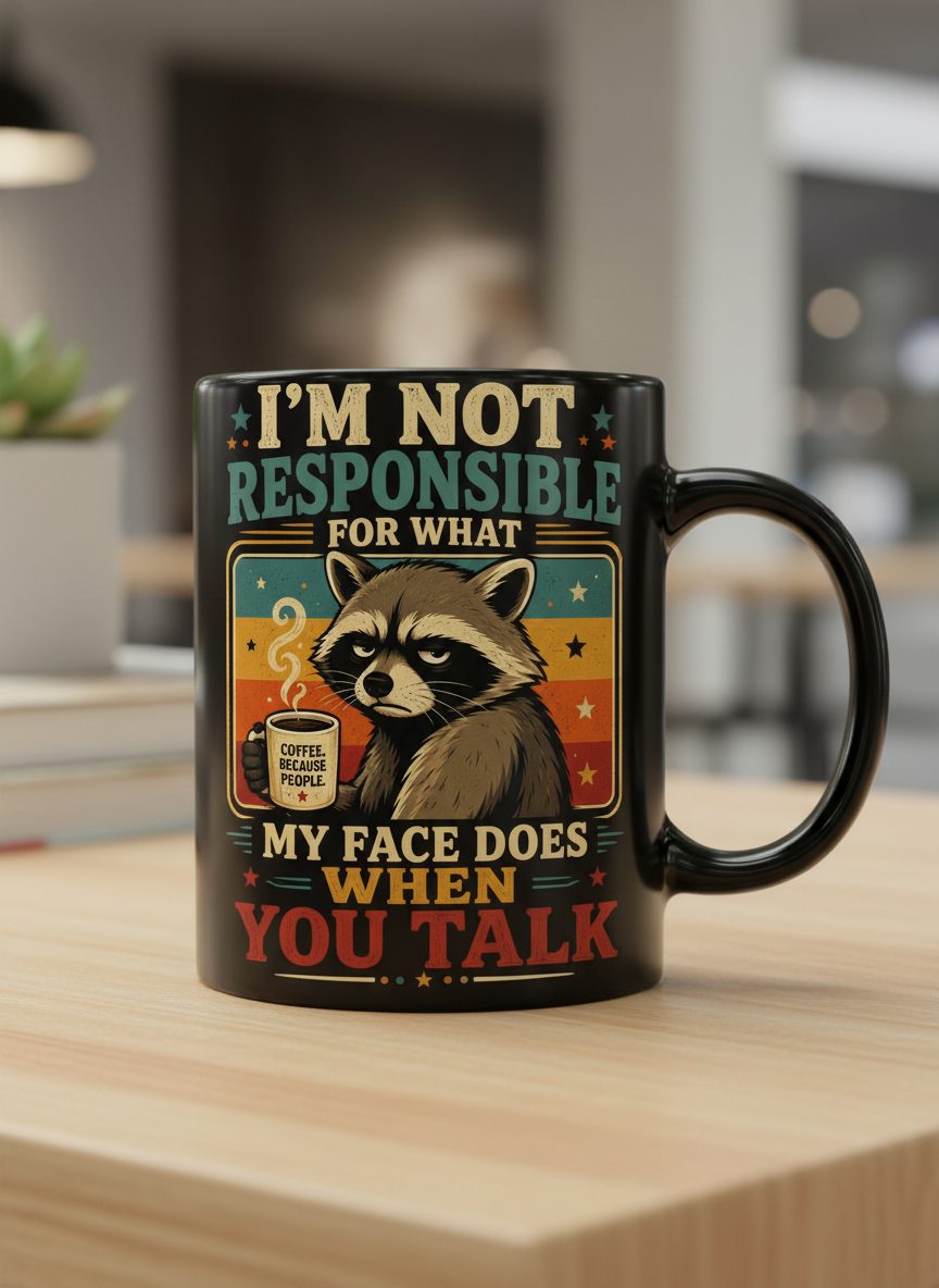 I'm Not Responsible for What My Face Does When You Talk Funny Sarcastic Raccoon Black Mug - product mockup - Black