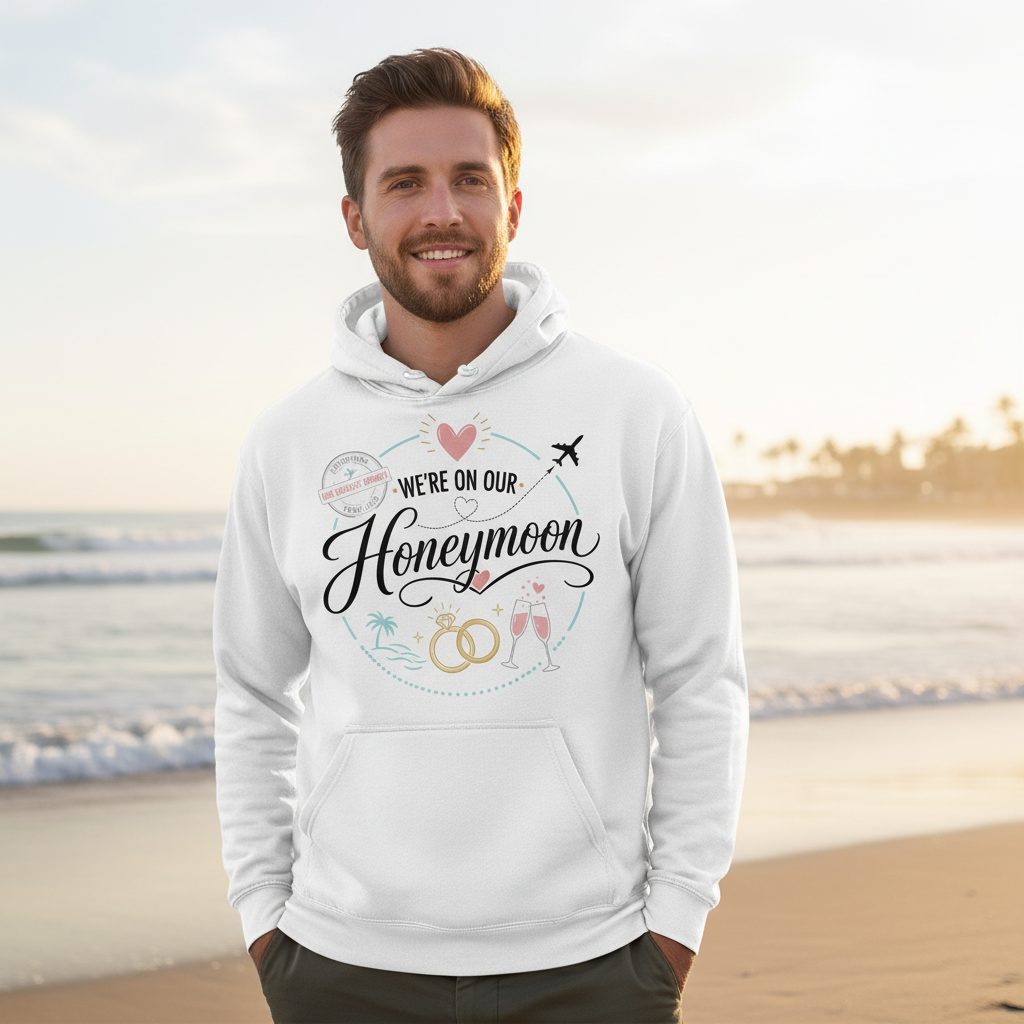 Our Greatest Journey Honeymoon Newlyweds Hoodie - lifestyle model mockup - White