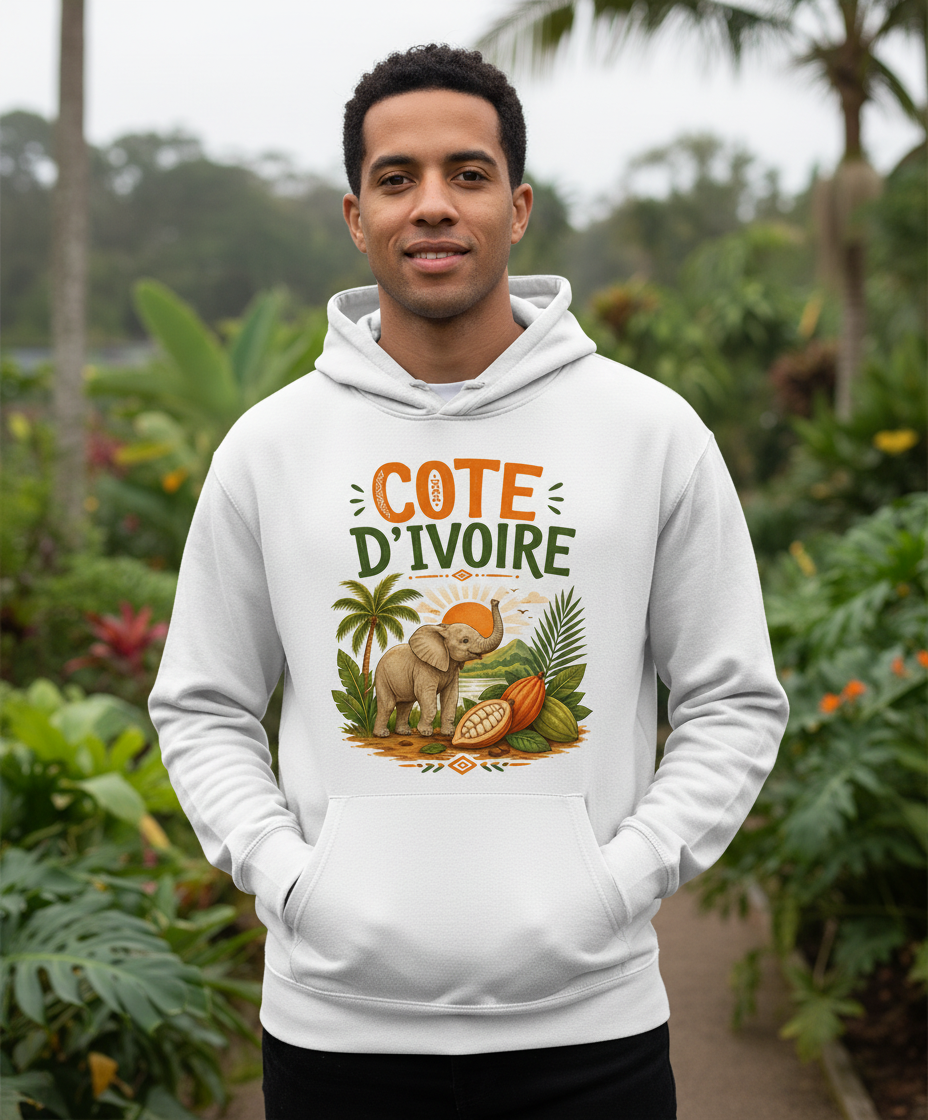 Cote D'Ivoire Elephant Travel Art Hoodie - lifestyle model mockup - White