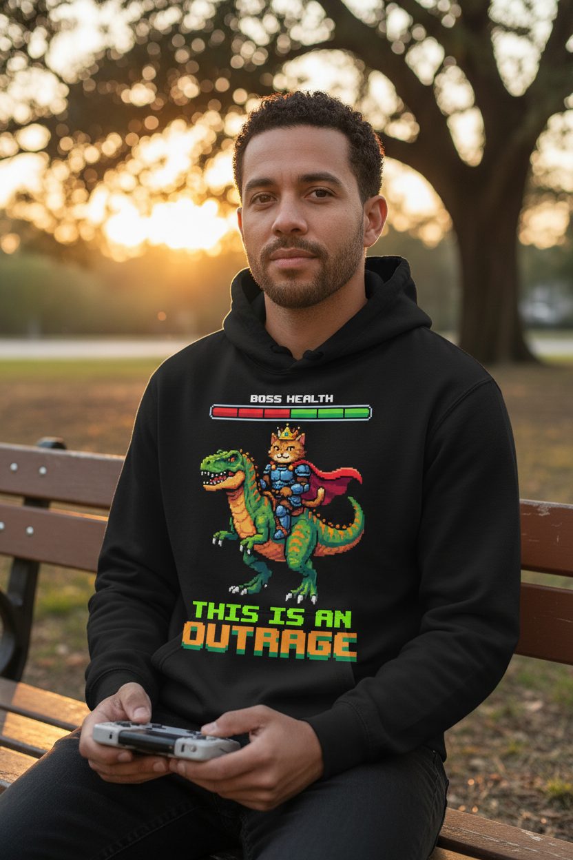 THIS IS AN OUTRAGE Cat riding a dinosaur Hoodie Black lifestyle mockup