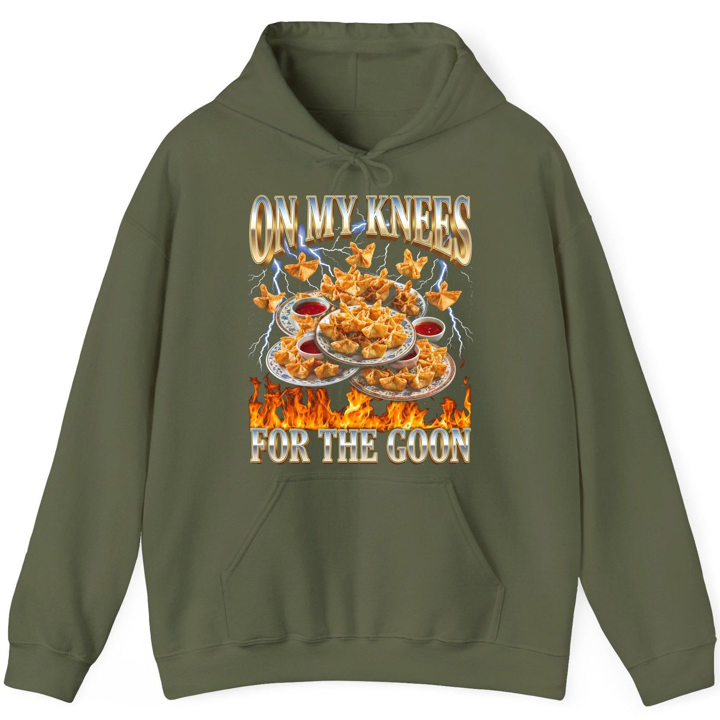 On My Knees for the Goon crab rangoon Hoodie Military Green product mockup