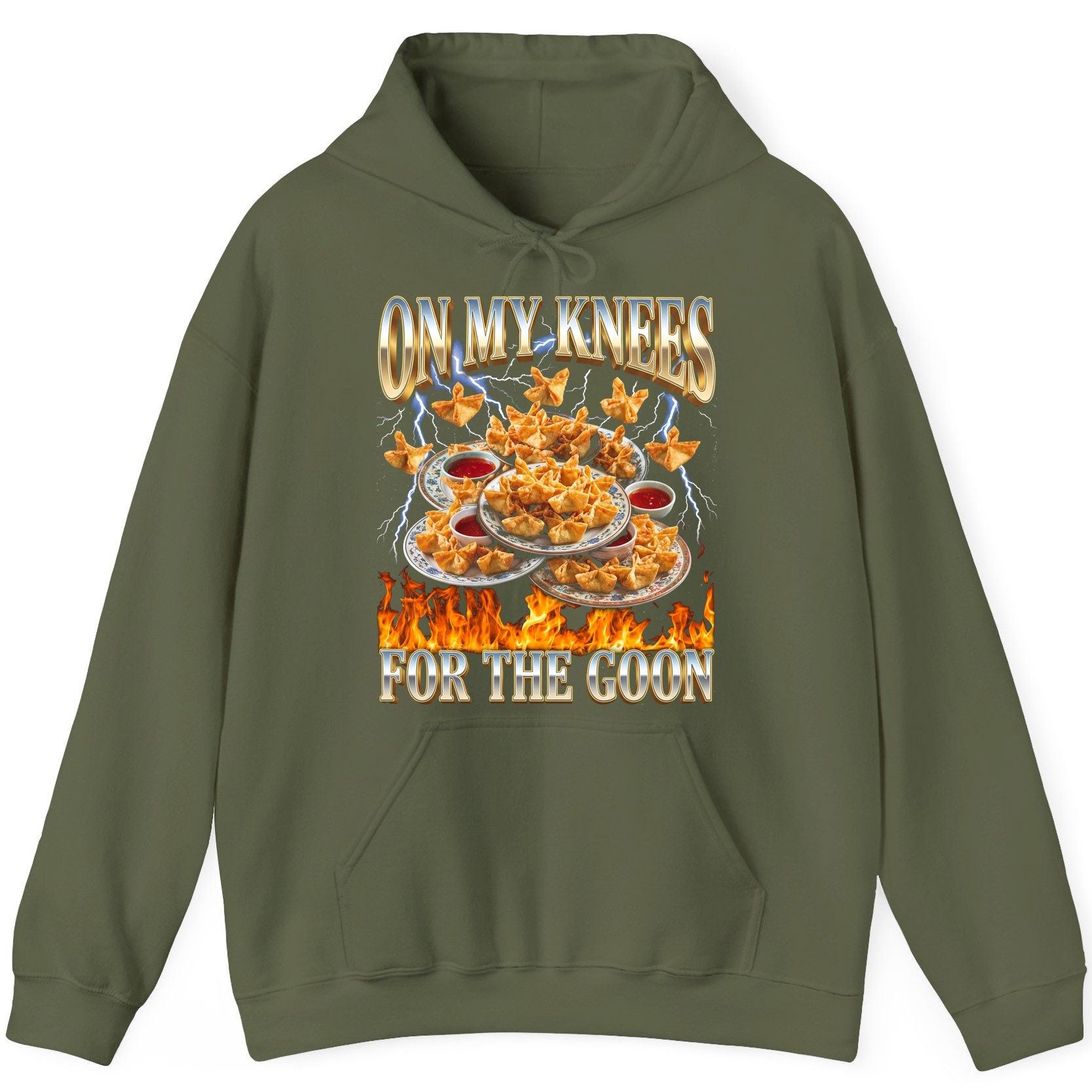 On My Knees for the Goon crab rangoon Hoodie Military Green product mockup