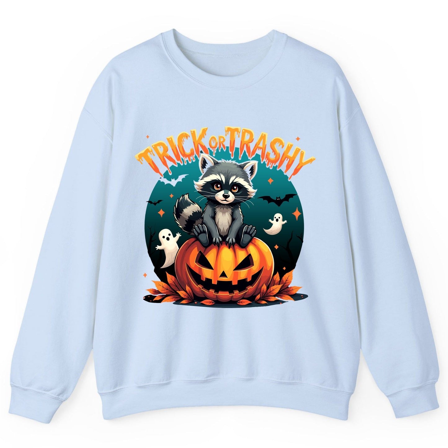 Trick or Trashy Halloween raccoon Sweatshirt Light Blue product mockup