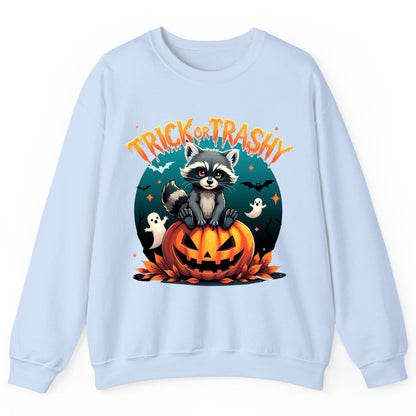 Trick or Trashy Halloween raccoon Sweatshirt Light Blue product mockup