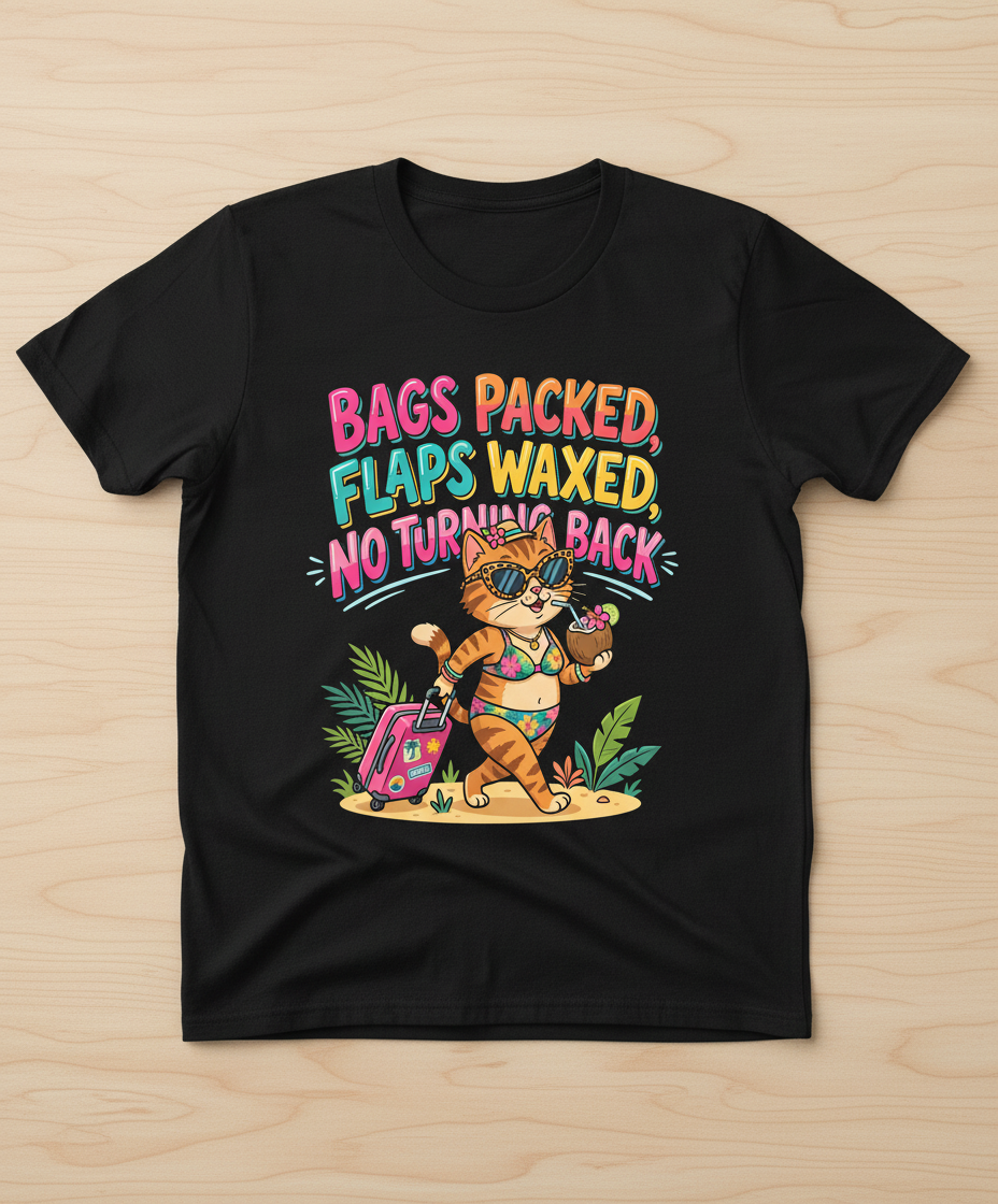 Funny Vacation Cat Bags Packed Flaps Waxed T-Shirt - Black