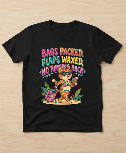 Funny Vacation Cat Bags Packed Flaps Waxed T-Shirt - Black