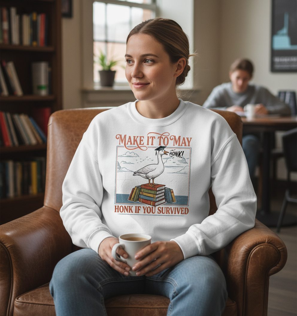 Make It to May Honk If You Survived Funny Student Goose Sweatshirt - lifestyle model mockup - White
