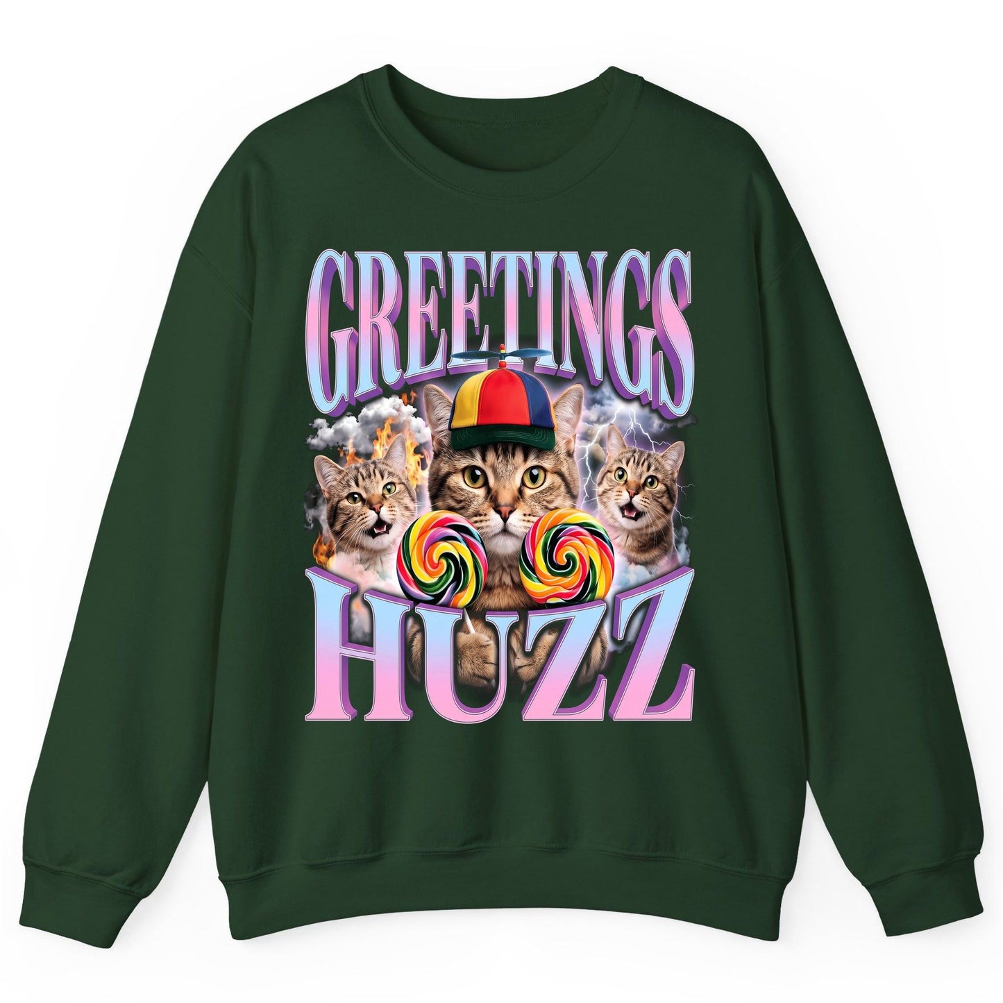 Greetings Huzz Funny Cats Sweatshirt - product mockup - Forest Green