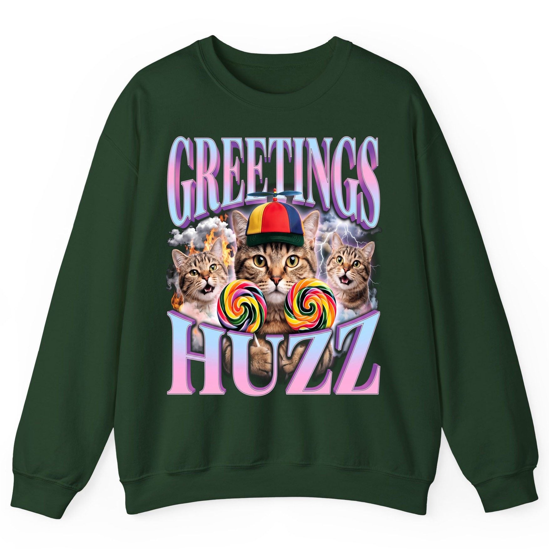 Greetings Huzz Funny Cats Sweatshirt - product mockup - Forest Green