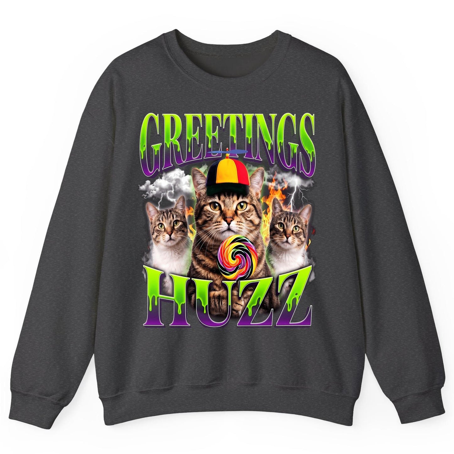 Greetings HUZZ Funny Cat Sweatshirt - product mockup - Dark Heather