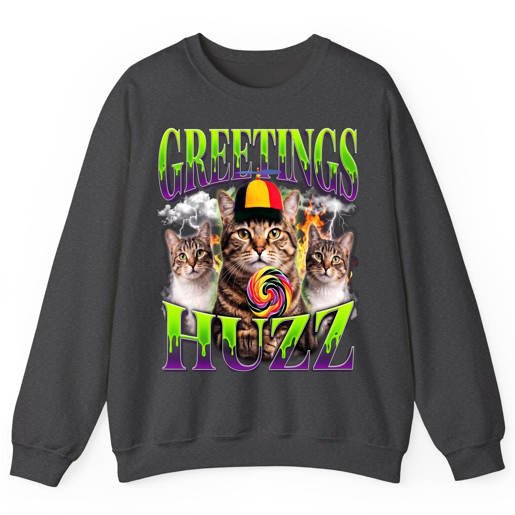 Greetings HUZZ Funny Cat Sweatshirt - product mockup - Dark Heather