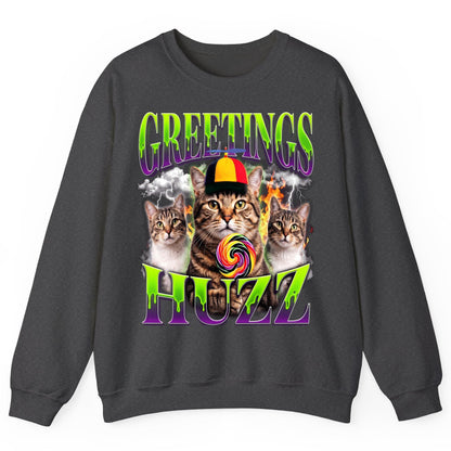 Greetings HUZZ Funny Cat Sweatshirt - product mockup - Dark Heather