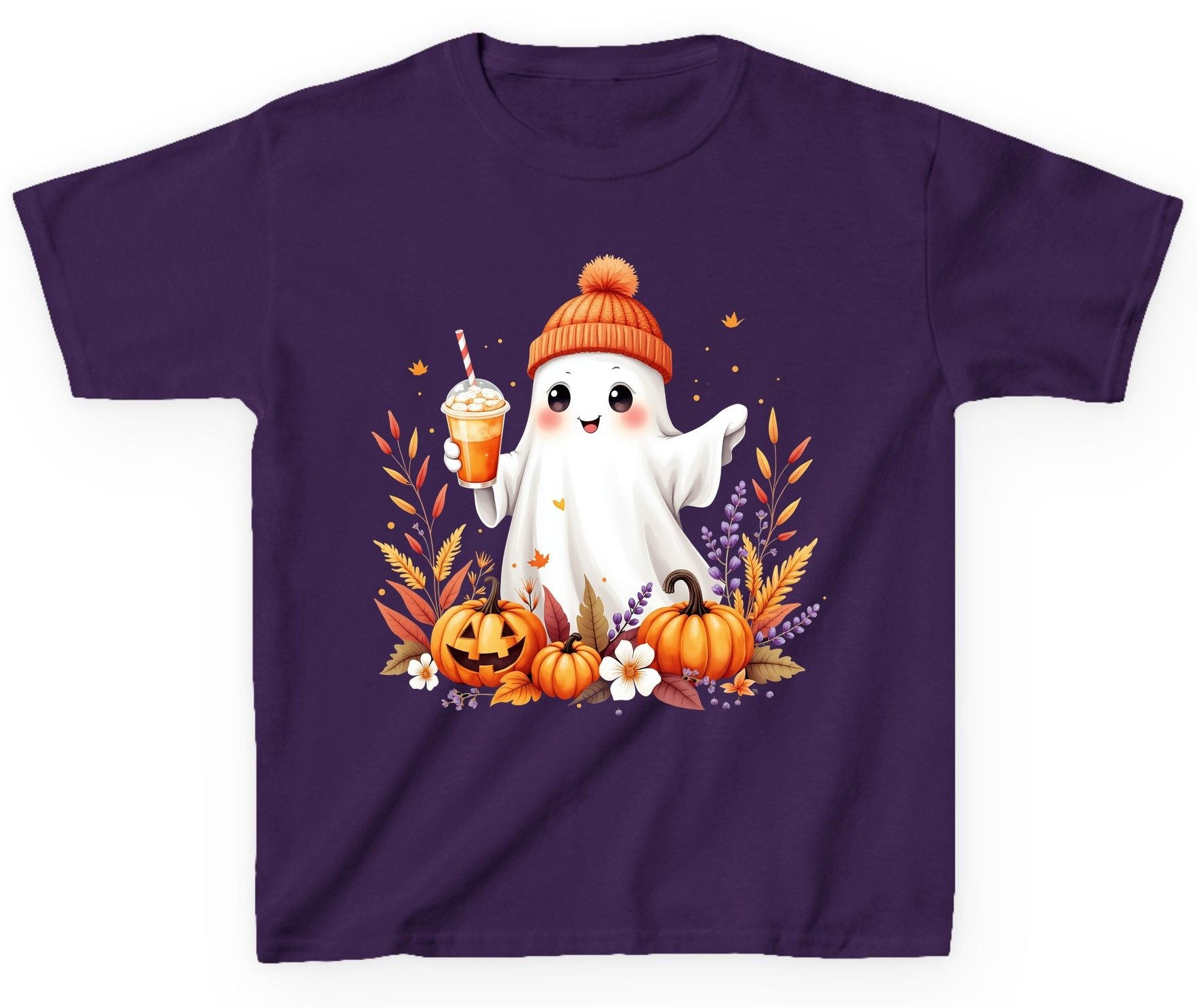 Cute Ghost Pumpkin Spice Latte cute Halloween ghost Youth T-Shirt Purple product mockup