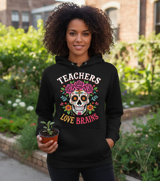 Teachers Love Brains teacher Hoodie Black lifestyle mockup