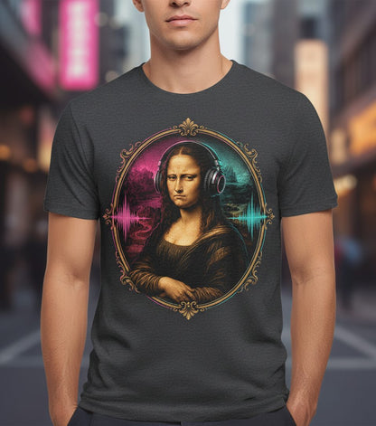 Dj Mona Lisa Art Parody Funny Lovers T-Shirt - product mockup - Dark Heather