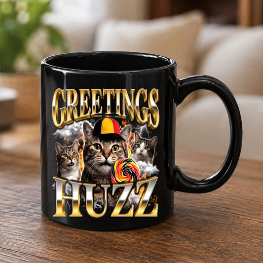 Greetings HUZZ Funny Cats Black Mug - product mockup - Black