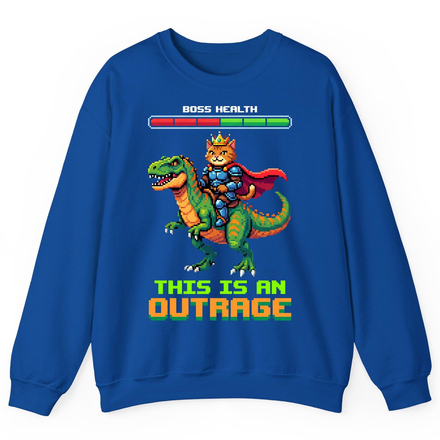 THIS IS AN OUTRAGE Cat riding a dinosaur Sweatshirt Royal product mockup