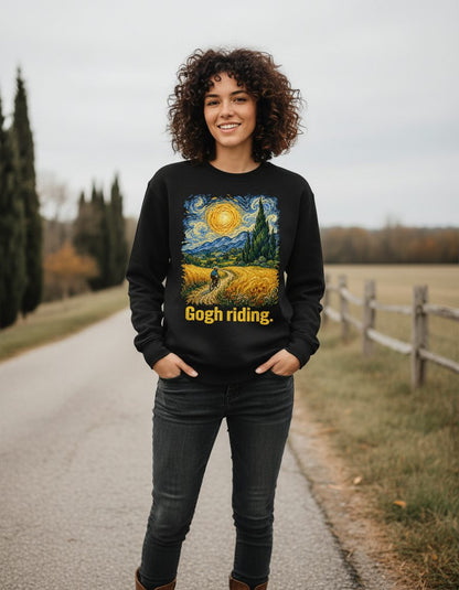 Gogh Riding art parody Sweatshirt Black lifestyle mockup