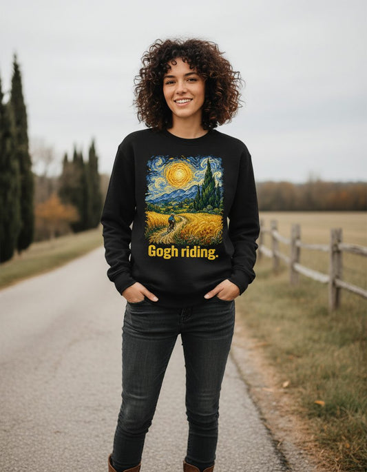 Gogh Riding art parody Sweatshirt Black lifestyle mockup