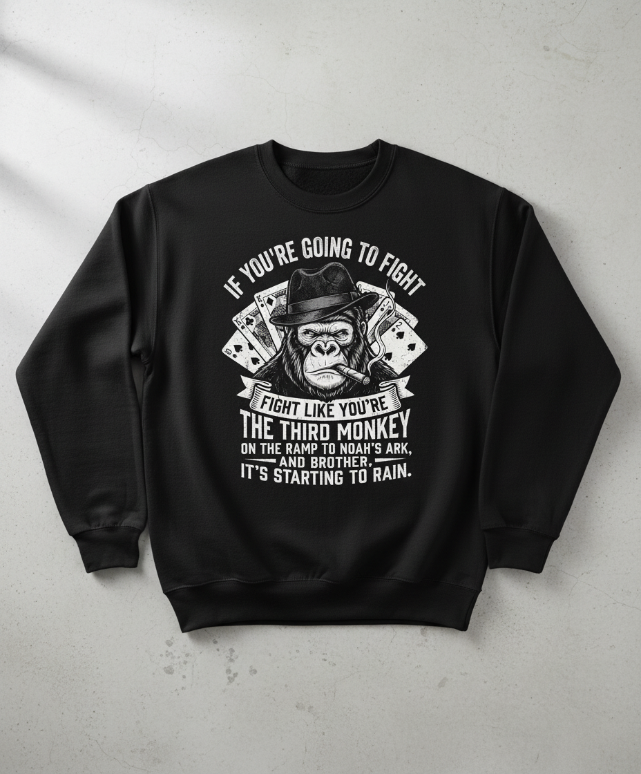 Third Monkey on Noah's Ark Fighting Gorilla Quote Sweatshirt - Black