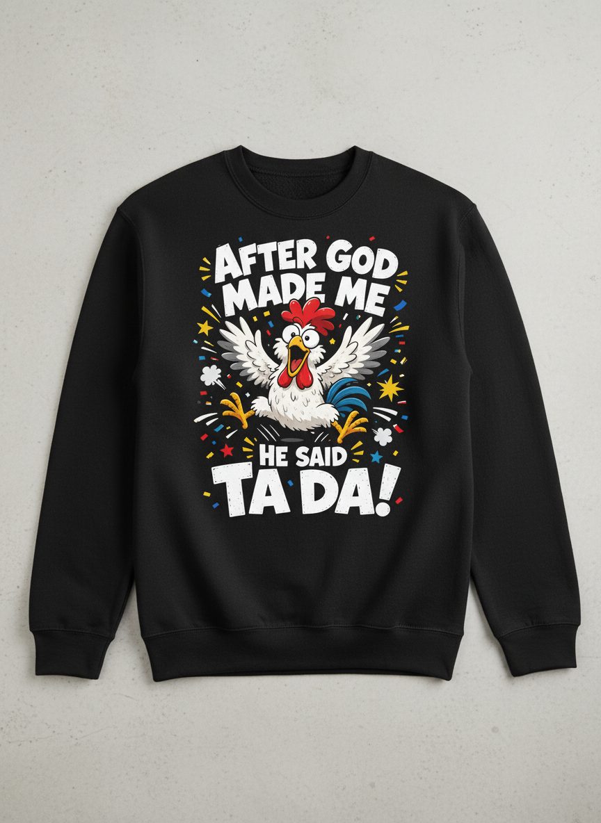 After God Made Me He Said Ta Da Funny Rooster Sweatshirt - product mockup - Black