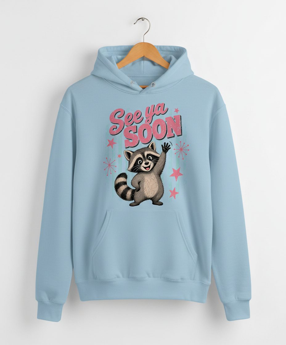See Ya SOON Retro Raccoon Hoodie - product mockup - Light Blue
